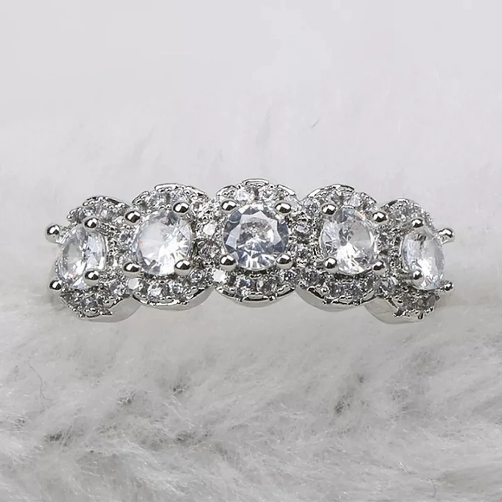 NEW Platinum Plated S925 Halo‎ Diamond Eternity Engagement Band Ring Sizes 6 & 7
